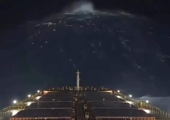 Vídeo mostra navio cargueiro sendo atingido por onda gigante durante tempestade